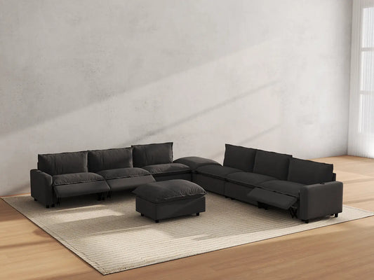Modular Cero Reclining Sectionals | 8-Piece Grey Linen Open Plan Sofa Sets 6-Seater with 2-Ottomans