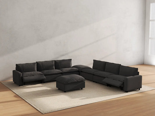 Modular Cero Reclining Sectionals | 8-Piece Grey Linen Open Plan Sofa Sets 6-Seater with 2-Ottomans