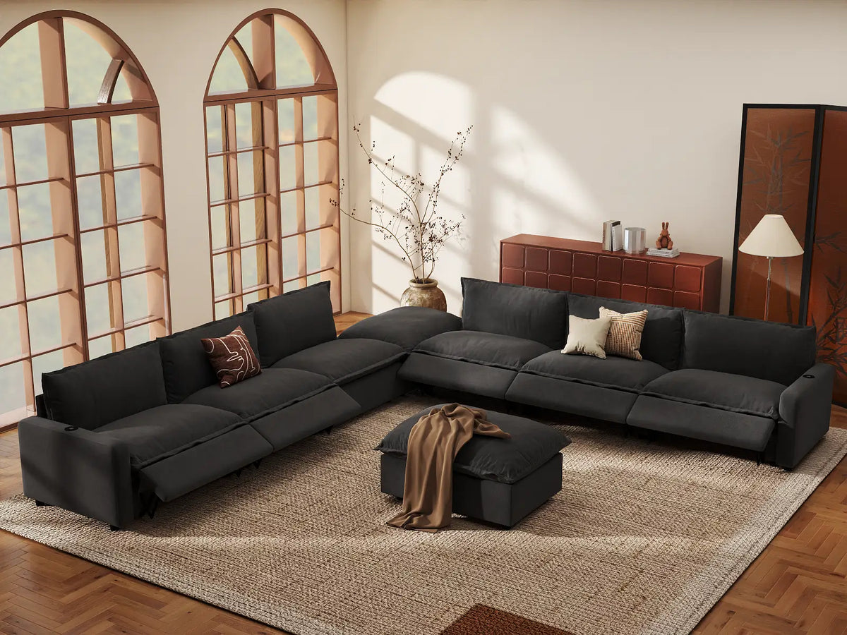 Modular Cero Reclining Sectionals | 8-Piece Grey Linen Open Plan Sofa Sets 6-Seater with 2-Ottomans