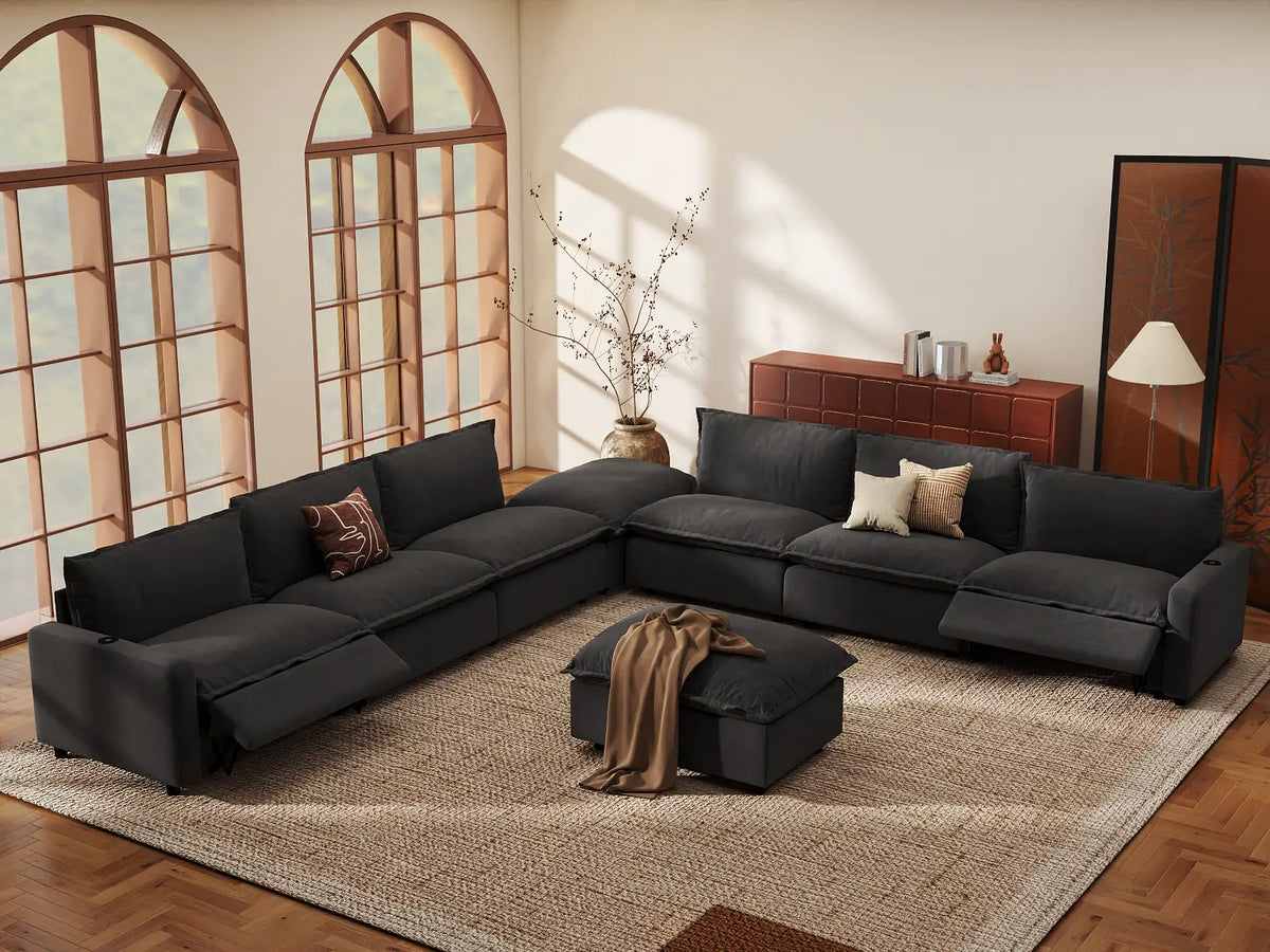 Modular Cero Reclining Sectionals | 8-Piece Grey Linen Open Plan Sofa Sets 6-Seater with 2-Ottomans