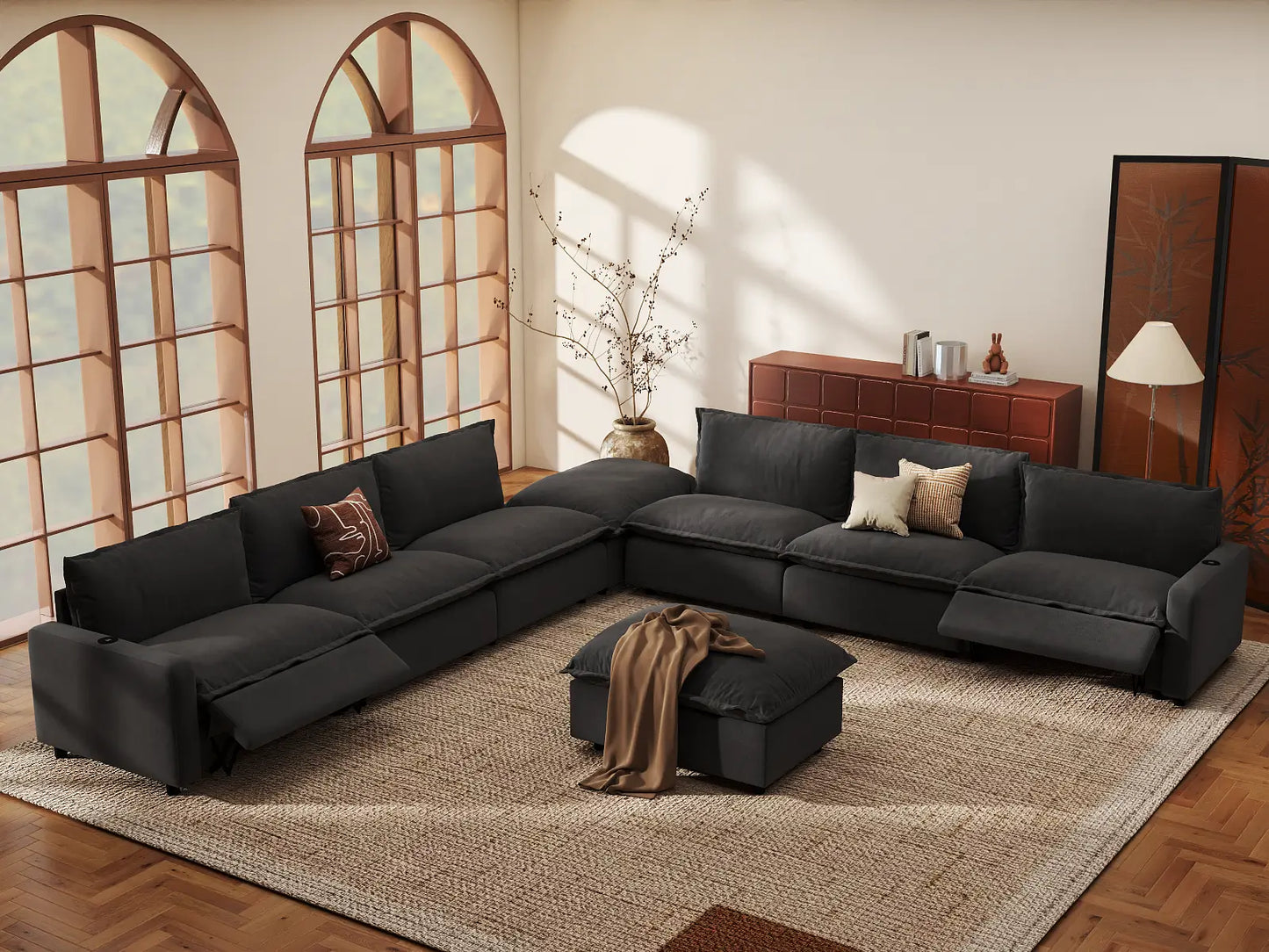 Modular Cero Reclining Sectionals | 8-Piece Grey Linen Open Plan Sofa Sets 6-Seater with 2-Ottomans