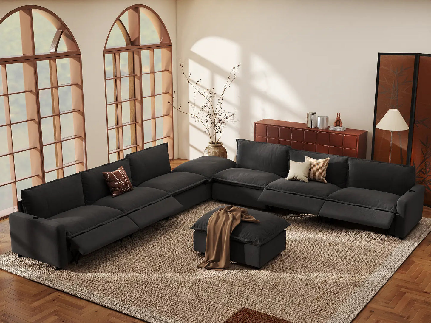 Modular Cero Reclining Sectionals | 8-Piece Grey Linen Open Plan Sofa Sets 6-Seater with 2-Ottomans
