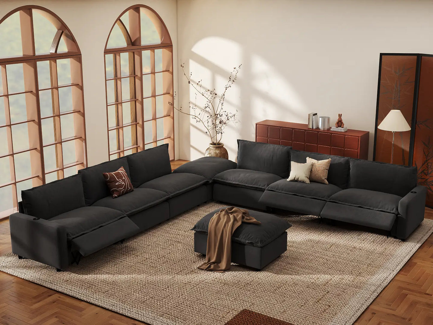 Modular Cero Reclining Sectionals | 8-Piece Grey Linen Open Plan Sofa Sets 6-Seater with 2-Ottomans