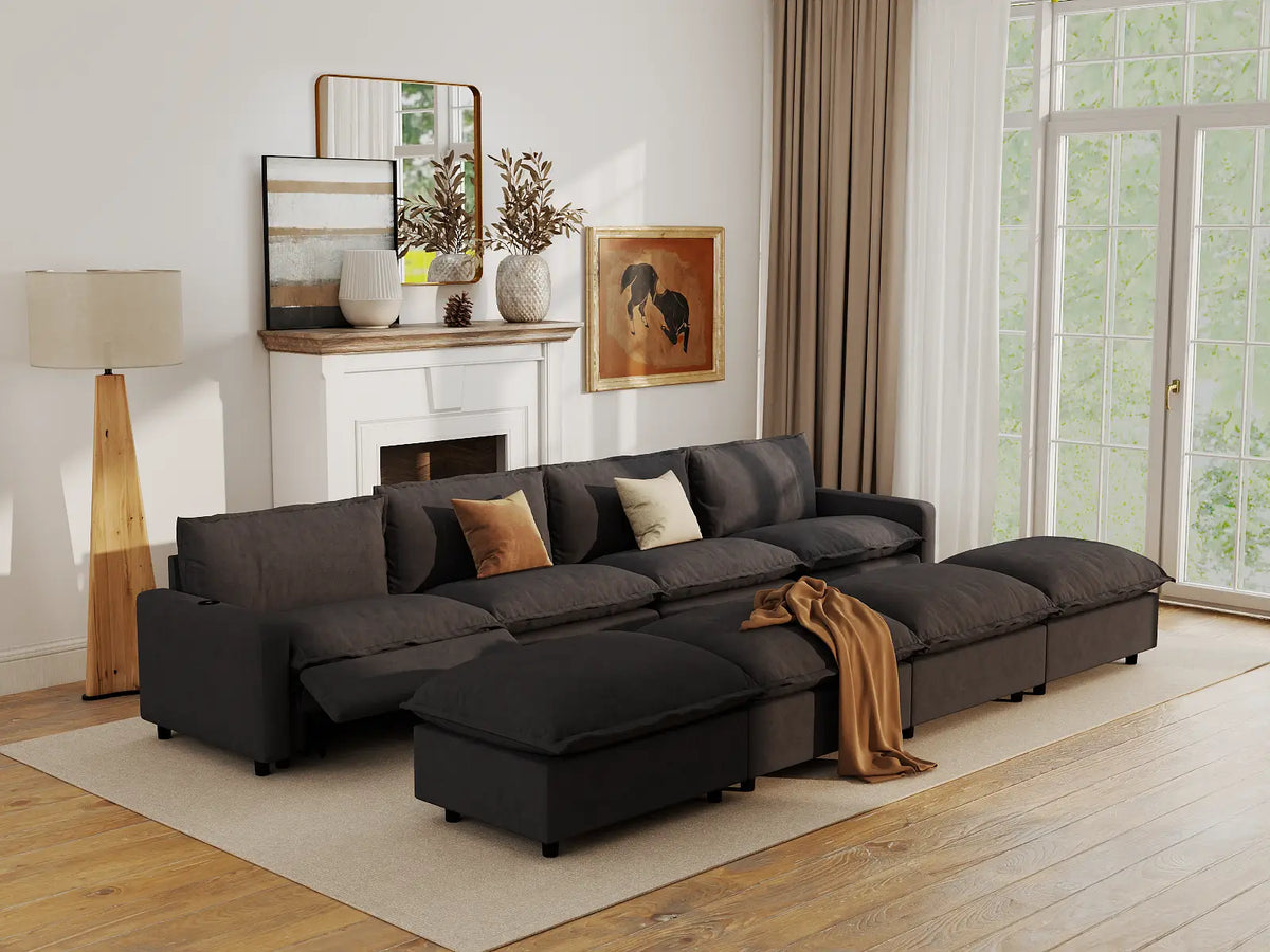 Modular Cero Reclining Sectionals | 8-Piece Grey Linen Open Space Pit Sectionals 4-Seater with 4-Ottomans