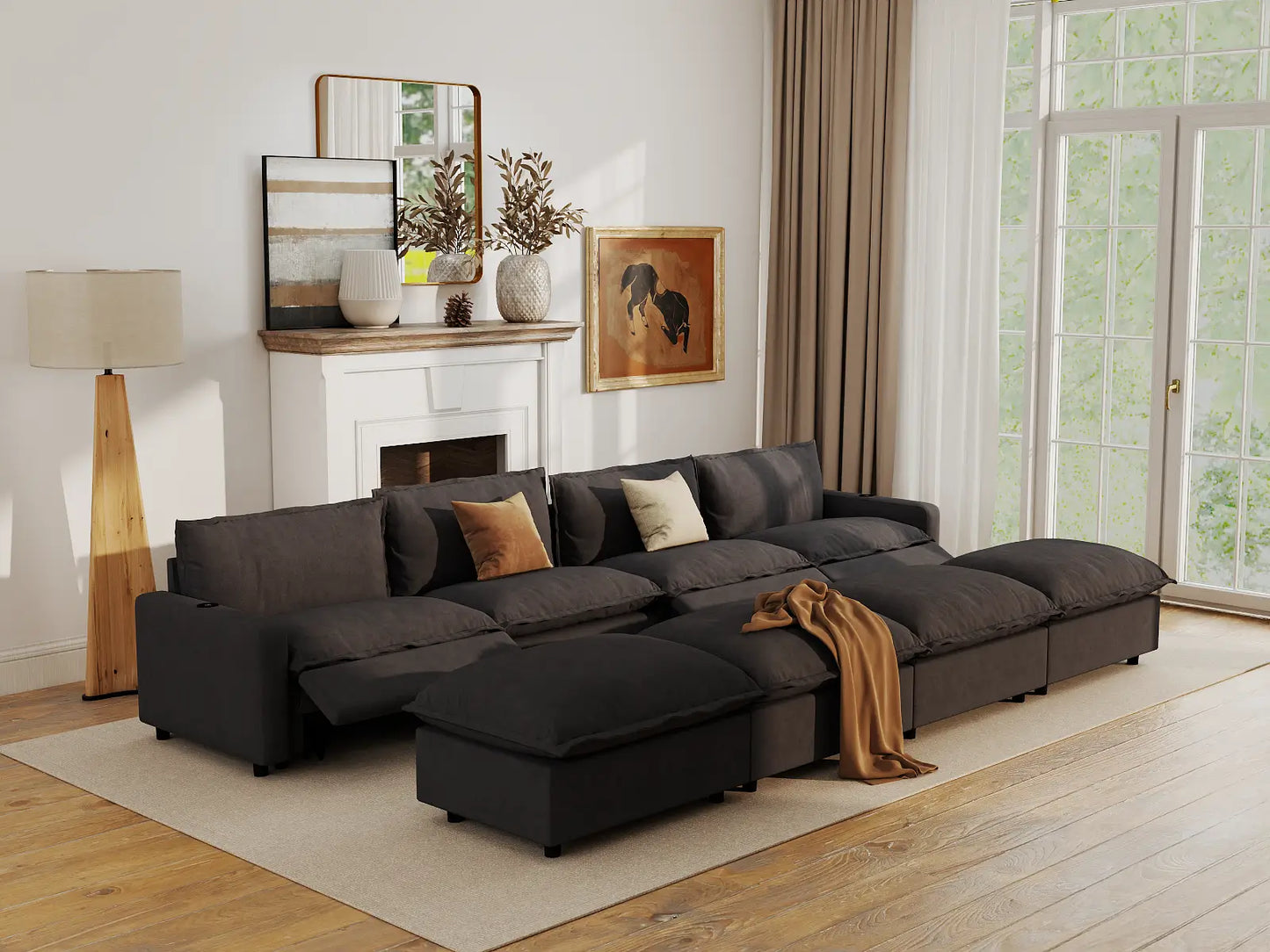 Modular Cero Reclining Sectionals | 8-Piece Grey Linen Open Space Pit Sectionals 4-Seater with 4-Ottomans