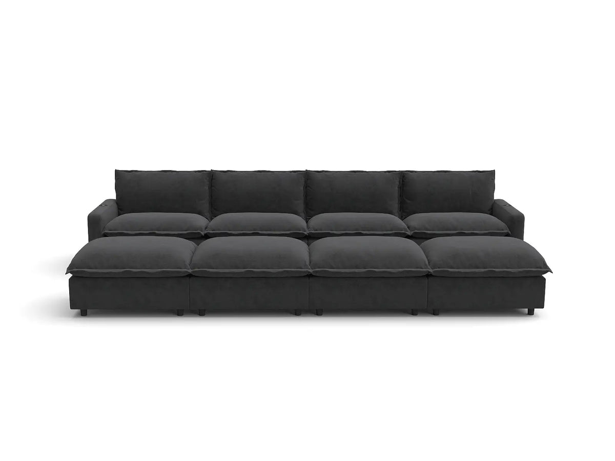 Modular Cero Reclining Sectionals | 8-Piece Grey Linen Open Space Pit Sectionals 4-Seater with 4-Ottomans