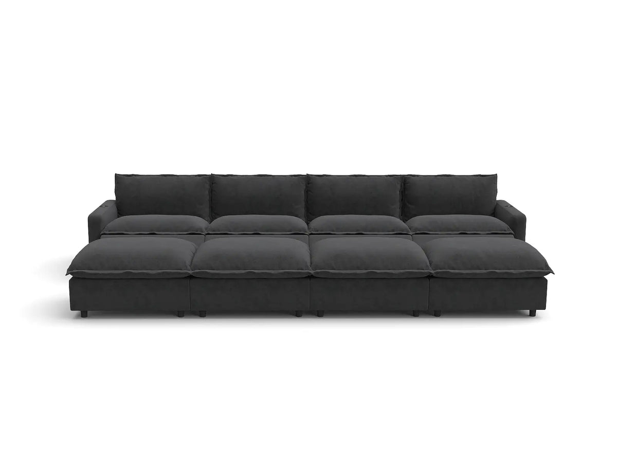 Modular Cero Reclining Sectionals | 8-Piece Grey Linen Open Space Pit Sectionals 4-Seater with 4-Ottomans
