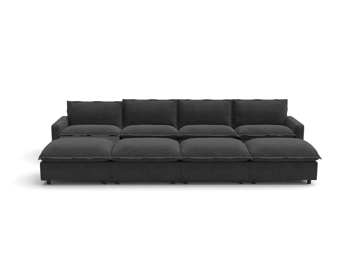 Modular Cero Reclining Sectionals | 8-Piece Grey Linen Open Space Pit Sectionals 4-Seater with 4-Ottomans