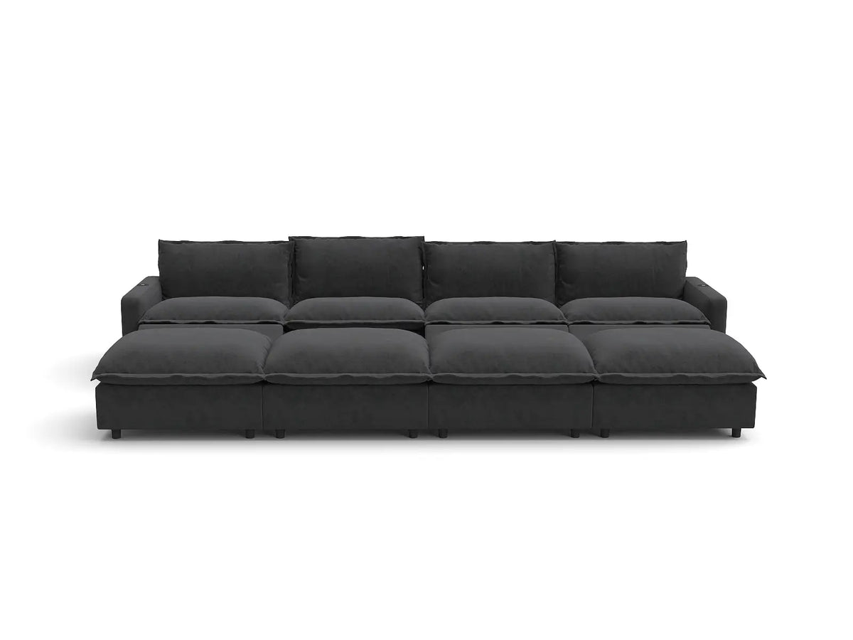 Modular Cero Reclining Sectionals | 8-Piece Grey Linen Open Space Pit Sectionals 4-Seater with 4-Ottomans