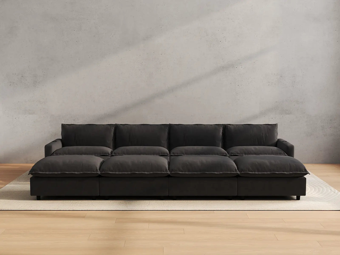 Modular Cero Reclining Sectionals | 8-Piece Grey Linen Open Space Pit Sectionals 4-Seater with 4-Ottomans