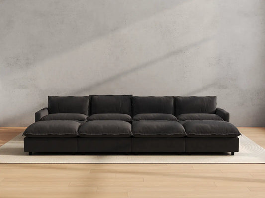 Modular Cero Reclining Sectionals | 8-Piece Grey Linen Open Space Pit Sectionals 4-Seater with 4-Ottomans