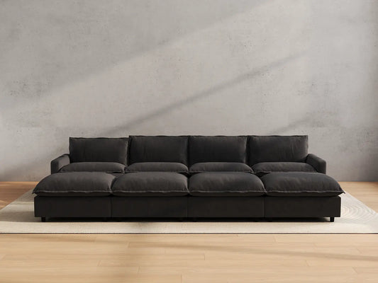 Modular Cero Reclining Sectionals | 8-Piece Grey Linen Open Space Pit Sectionals 4-Seater with 4-Ottomans