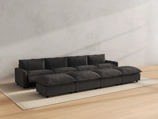 Modular Cero Reclining Sectionals | 8-Piece Grey Linen Open Space Pit Sectionals 4-Seater with 4-Ottomans