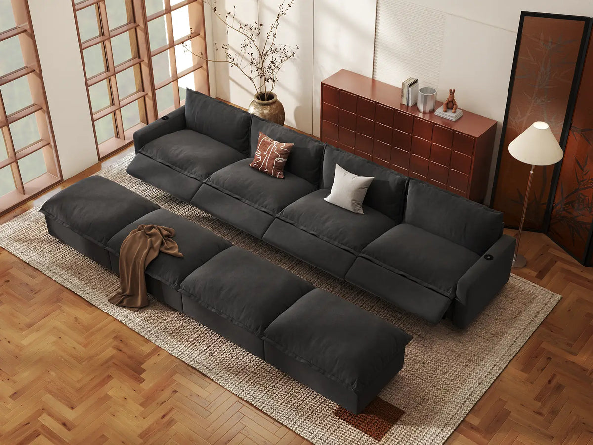 Modular Cero Reclining Sectionals | 8-Piece Grey Linen Open Space Pit Sectionals 4-Seater with 4-Ottomans