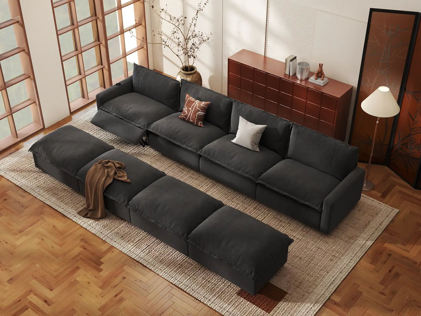 Modular Cero Reclining Sectionals | 8-Piece Grey Linen Open Space Pit Sectionals 4-Seater with 4-Ottomans