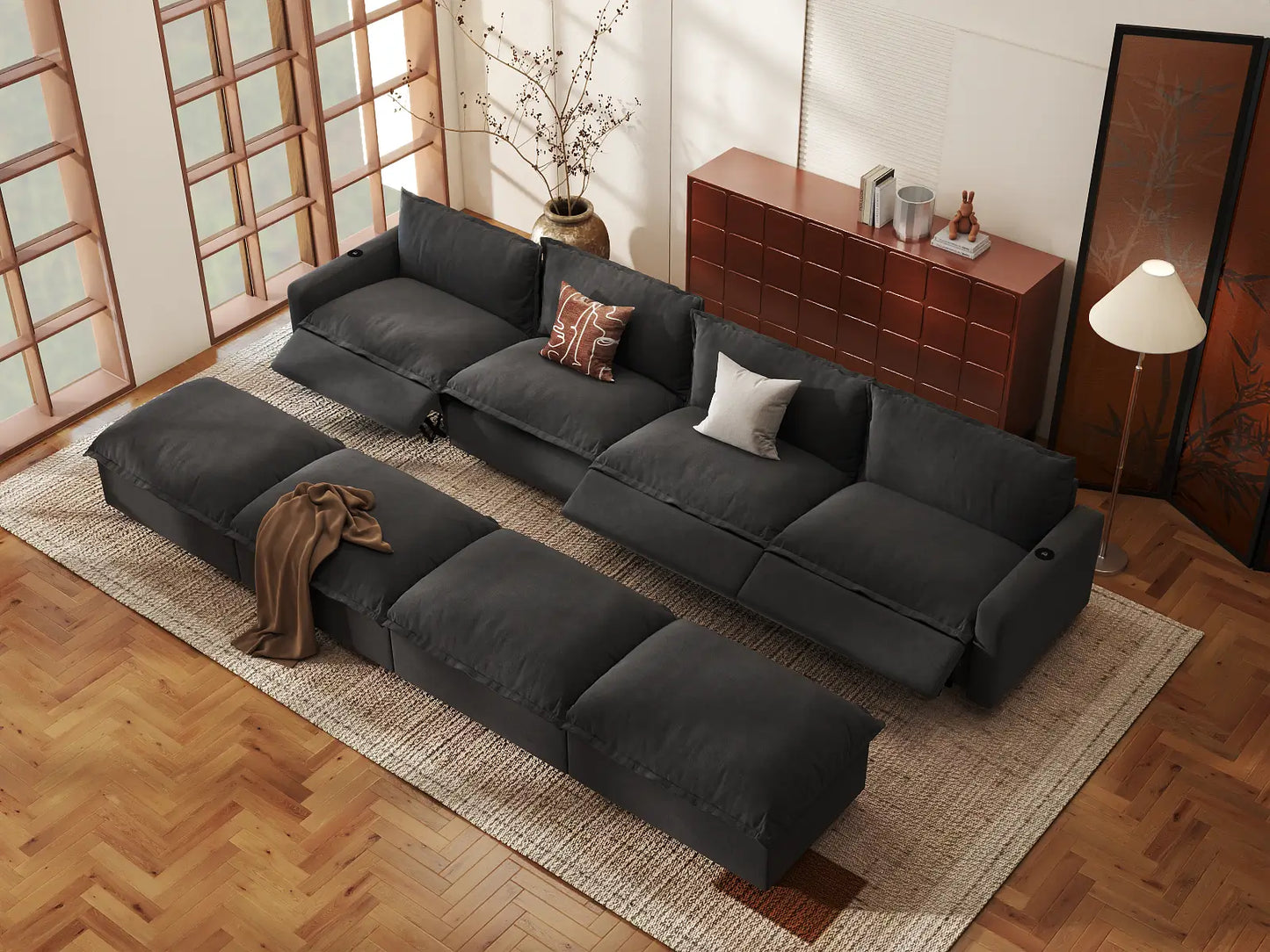 Modular Cero Reclining Sectionals | 8-Piece Grey Linen Open Space Pit Sectionals 4-Seater with 4-Ottomans
