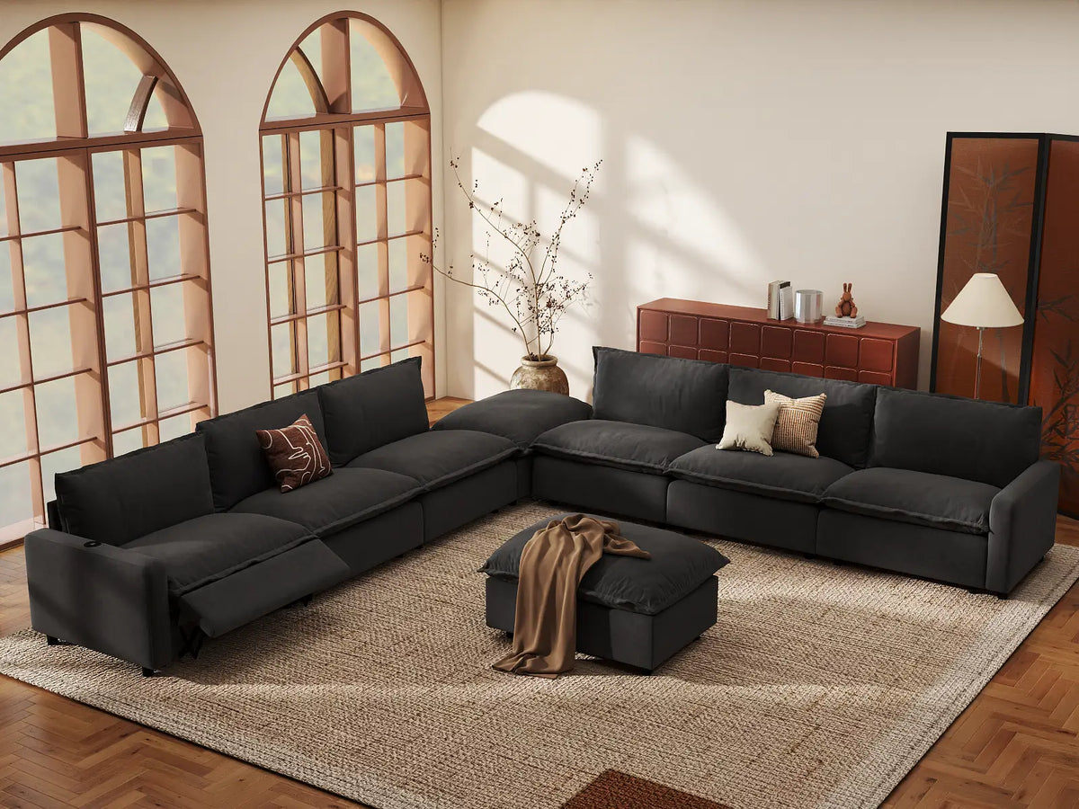 Modular Cero Reclining Sectionals | 8-Piece Grey Linen Open Space Sofa Sets 6-Seater with 2-Ottomans