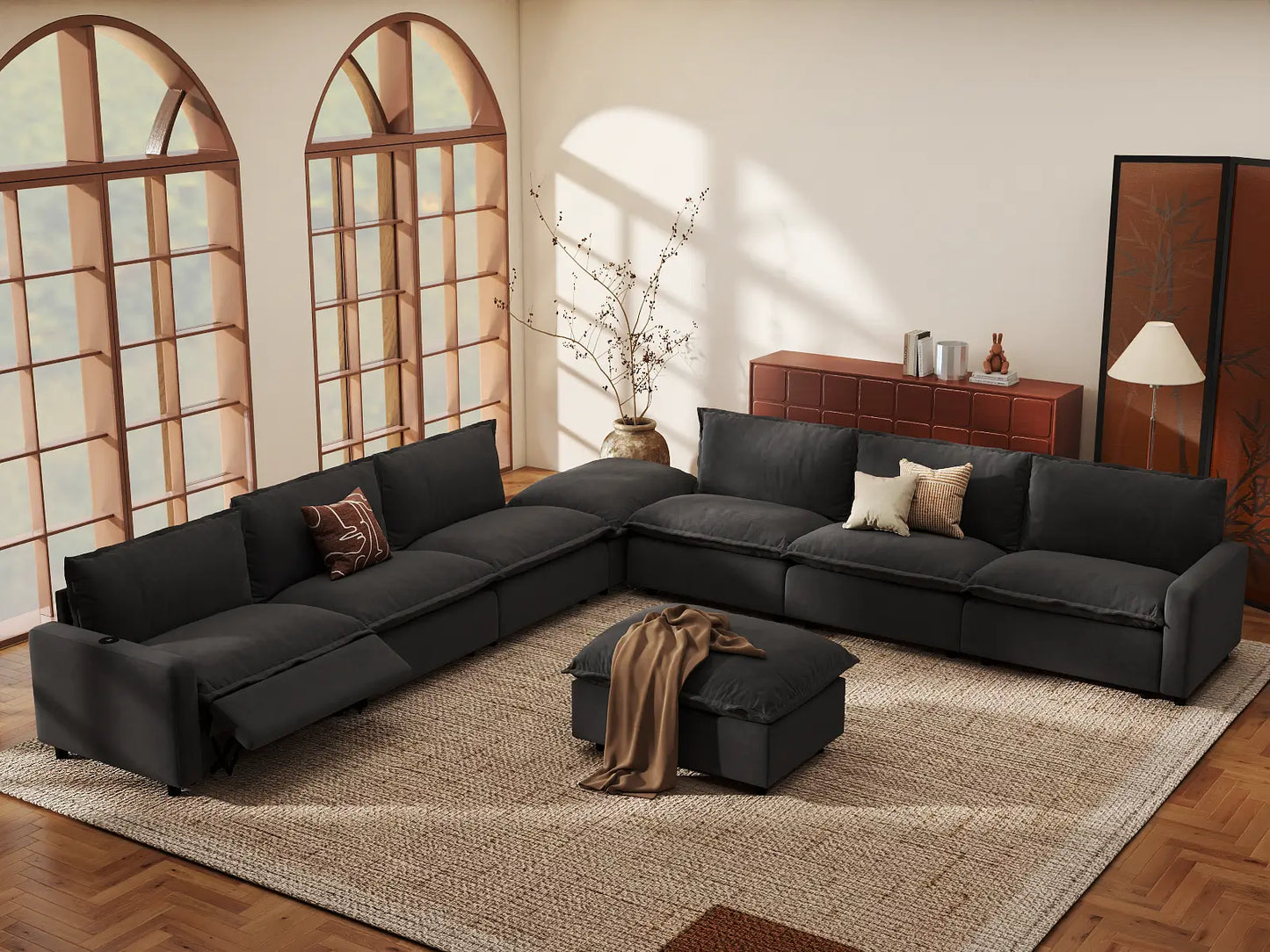 Modular Cero Reclining Sectionals | 8-Piece Grey Linen Open Space Sofa Sets 6-Seater with 2-Ottomans
