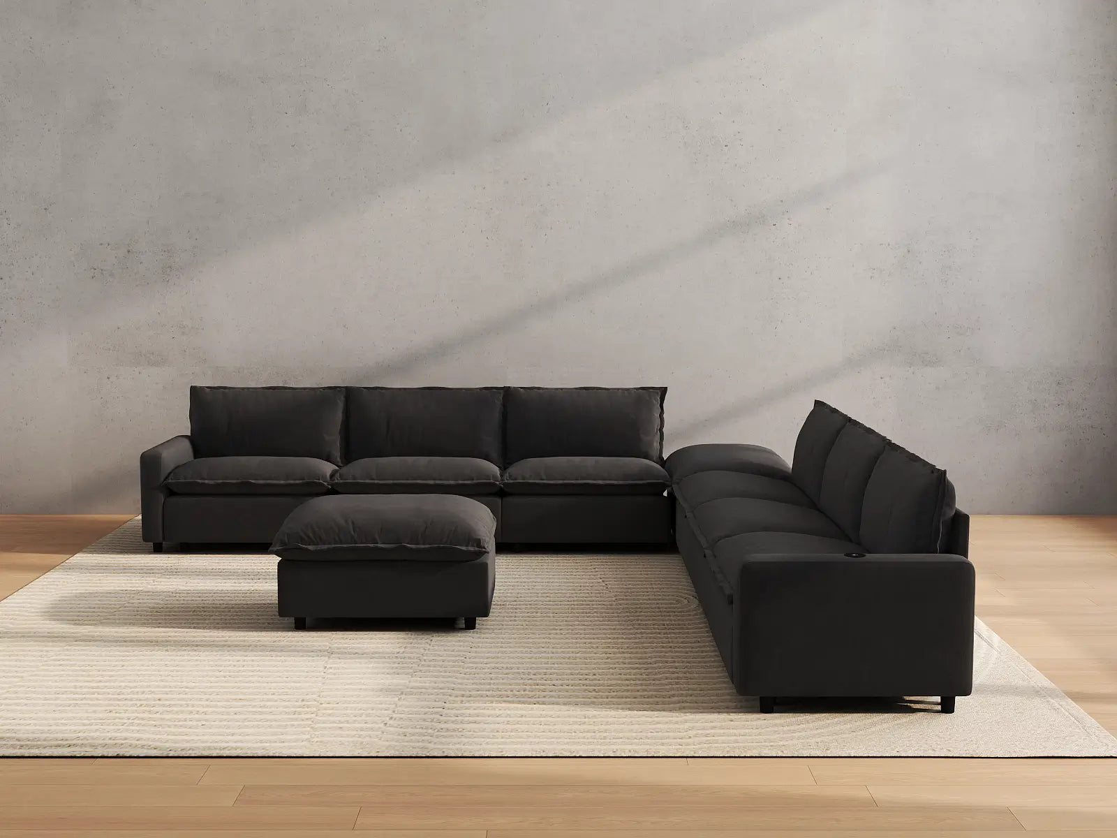 Modular Cero Sofa and Recliner Set Sale | 8-Piece Grey Linen Open Space Sofa Sets 6-Seater with 2-Ottomans