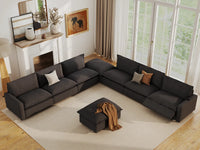 Modular Cero Reclining Sectionals | 8-Piece Grey Linen Open Space Sofa Sets 6-Seater with 2-Ottomans