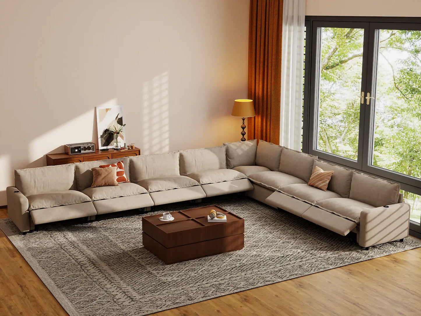 Modular Cero Reclining Sectionals | 8-Piece Khaki Linen Grand Estate V-Shaped Sectionals 8-Seater