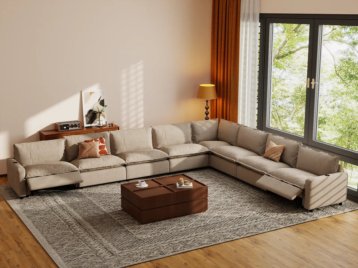Modular Cero Reclining Sectionals | 8-Piece Khaki Linen Grand Estate V-Shaped Sectionals 8-Seater