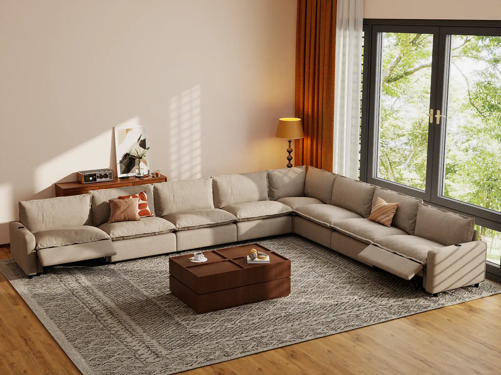 Modular Cero Recliner Couch Sectional | 8-Piece Khaki Linen Grand Estate V-Shaped Sectionals 8-Seater