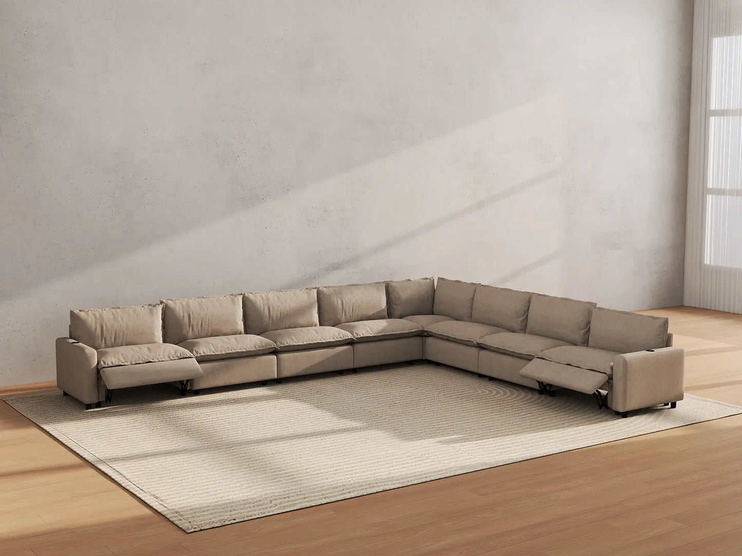Modular Cero Reclining Sectionals | 8-Piece Khaki Linen Grand Estate V-Shaped Sectionals 8-Seater