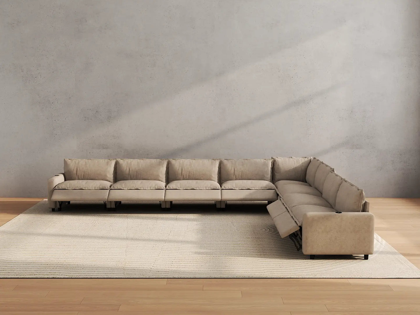 Modular Cero Reclining Sectionals | 8-Piece Khaki Linen Grand Estate V-Shaped Sectionals 8-Seater