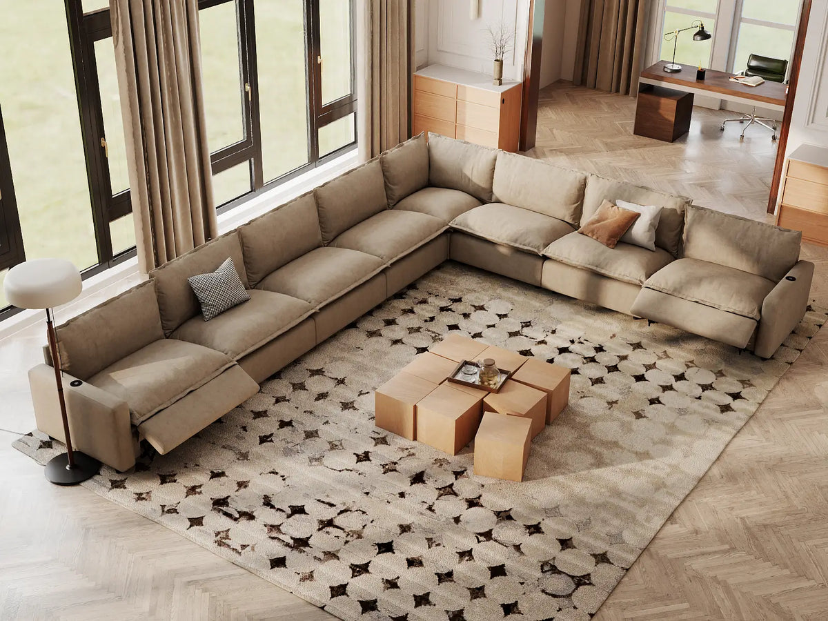 Modular Cero Reclining Sectionals | 8-Piece Khaki Linen Grand Estate V-Shaped Sectionals 8-Seater