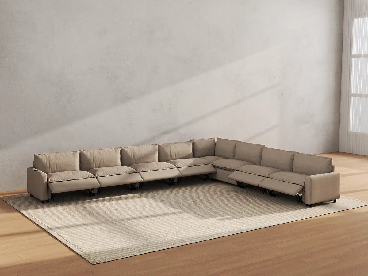 Modular Cero Reclining Sectionals | 8-Piece Khaki Linen Grand Estate V-Shaped Sectionals 8-Seater