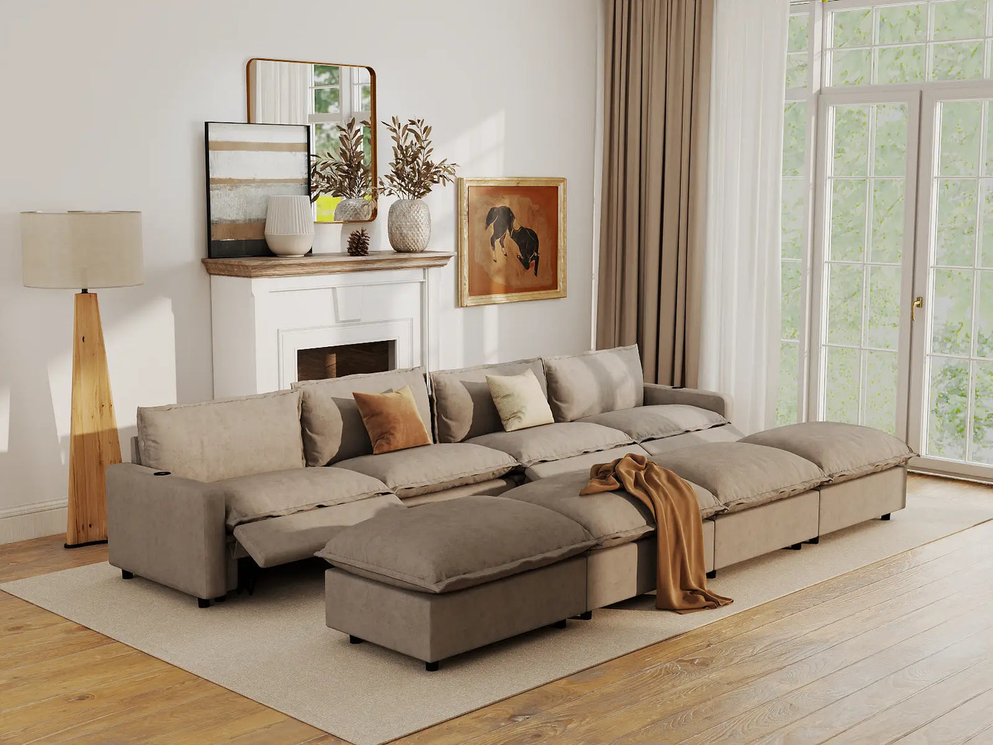 Modular Cero Reclining Sectionals | 8-Piece Khaki Linen Open Plan Pit Sectionals 4-Seater with 4-Ottomans