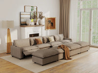 Modular Cero Reclining Sectionals | 8-Piece Khaki Linen Open Plan Pit Sectionals 4-Seater with 4-Ottomans