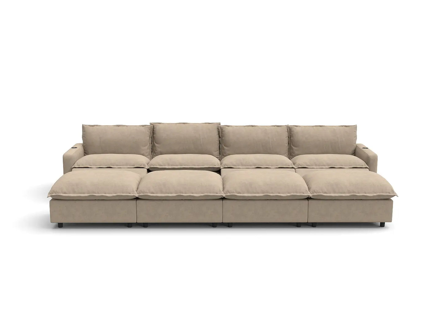 Modular Cero Reclining Sectionals | 8-Piece Khaki Linen Open Plan Pit Sectionals 4-Seater with 4-Ottomans