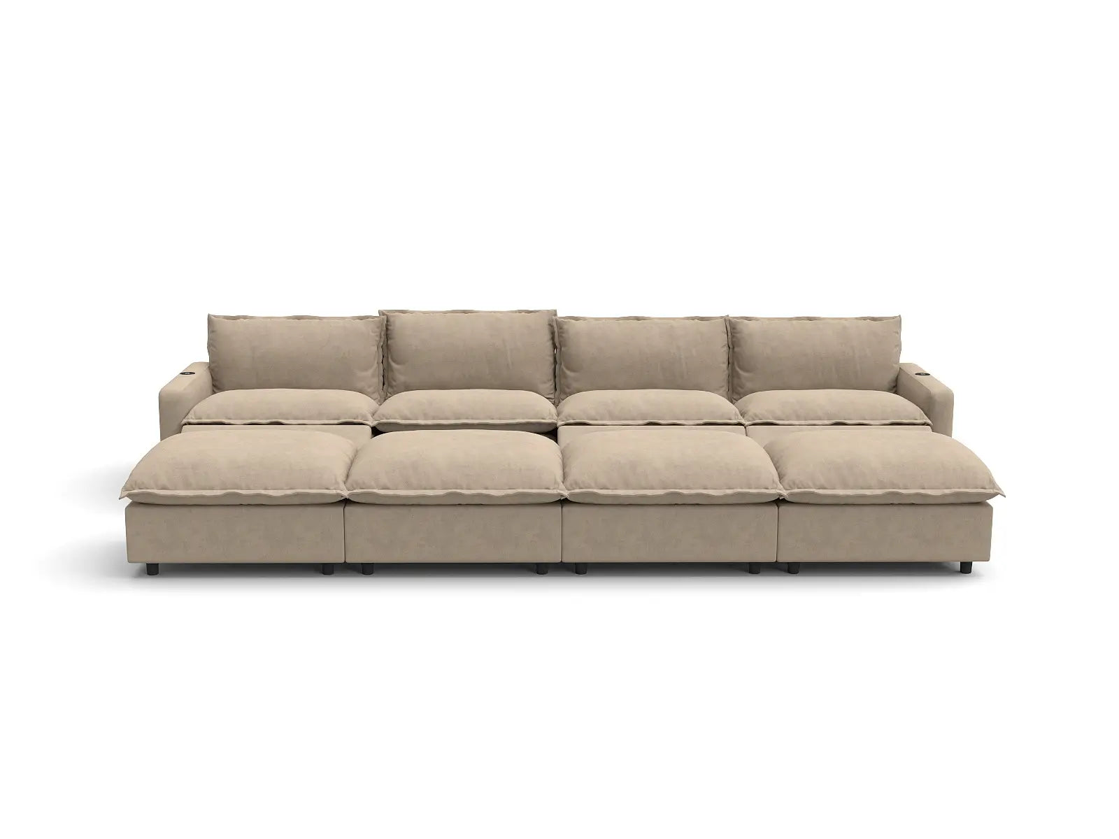Modular Cero Chaise Sectional with Recliner | 8-Piece Khaki Linen Open Plan Pit Sectionals 4-Seater with 4-Ottomans