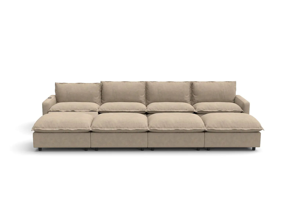 Modular Cero Reclining Sectionals | 8-Piece Khaki Linen Open Plan Pit Sectionals 4-Seater with 4-Ottomans