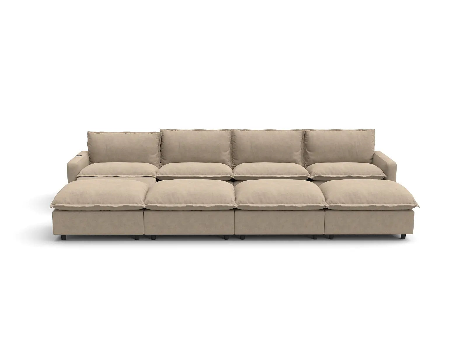 Modular Cero Power Reclining Sectional with Chaise | 8-Piece Khaki Linen Open Plan Pit Sectionals 4-Seater with 4-Ottomans