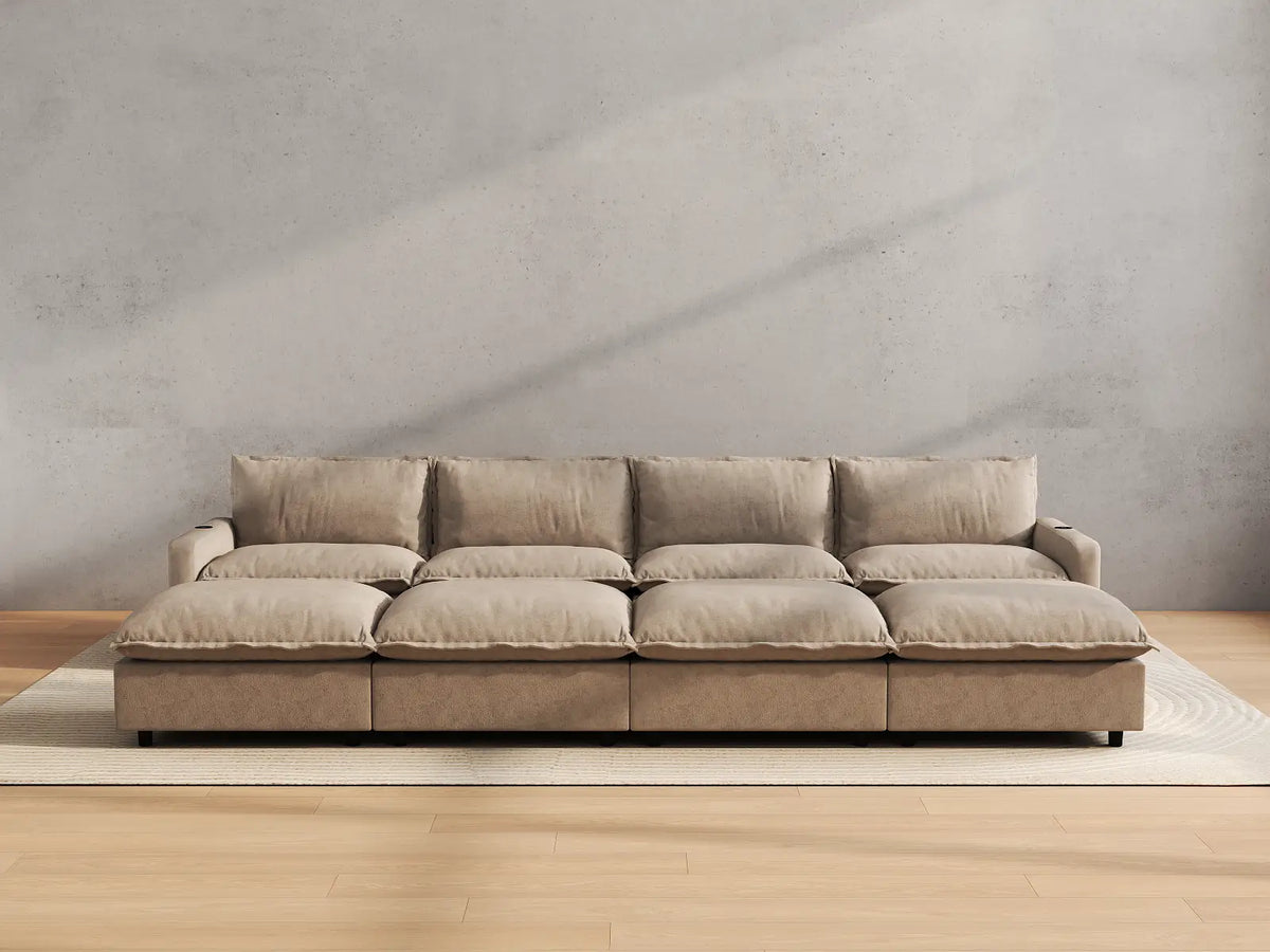 Modular Cero Reclining Sectionals | 8-Piece Khaki Linen Open Plan Pit Sectionals 4-Seater with 4-Ottomans