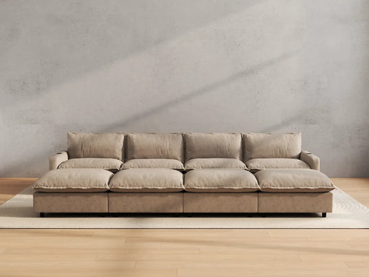 Modular Cero Reclining Sectionals | 8-Piece Khaki Linen Open Plan Pit Sectionals 4-Seater with 4-Ottomans