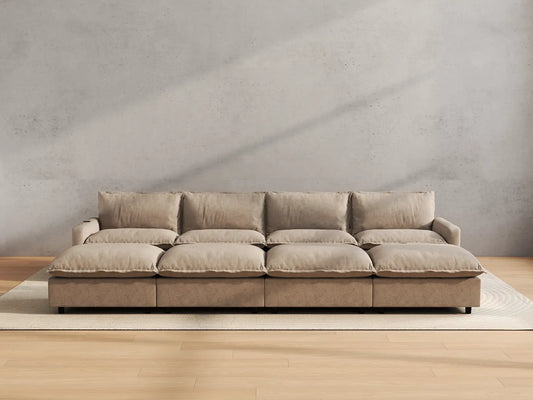 Modular Cero Reclining Sectionals | 8-Piece Khaki Linen Open Plan Pit Sectionals 4-Seater with 4-Ottomans