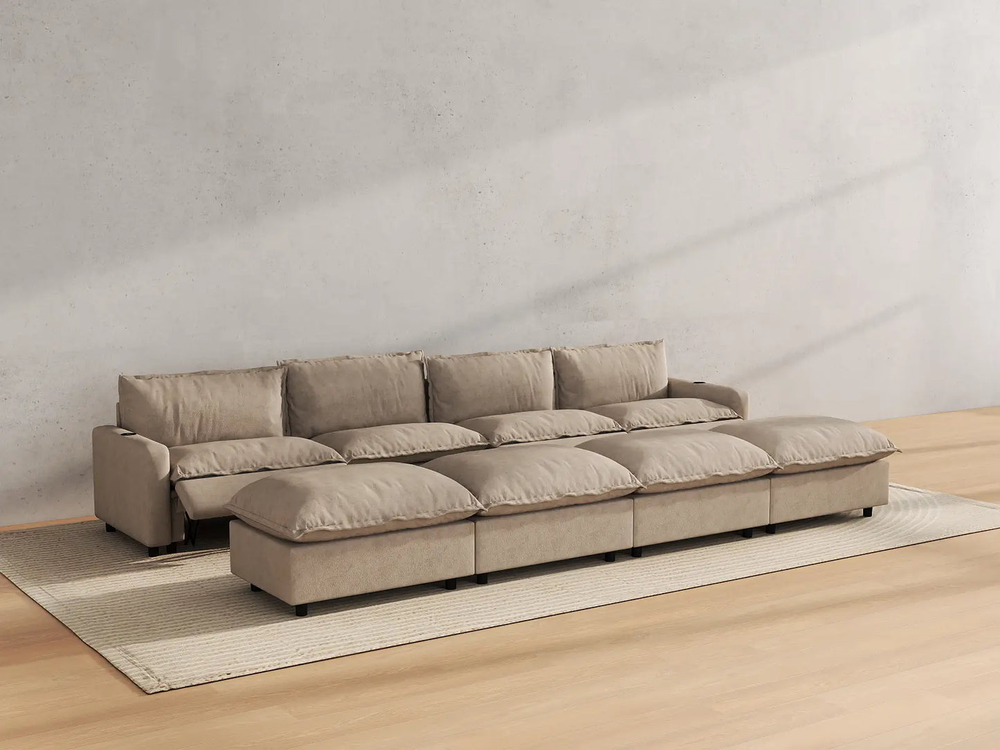 Modular Cero Reclining Sectionals | 8-Piece Khaki Linen Open Plan Pit Sectionals 4-Seater with 4-Ottomans