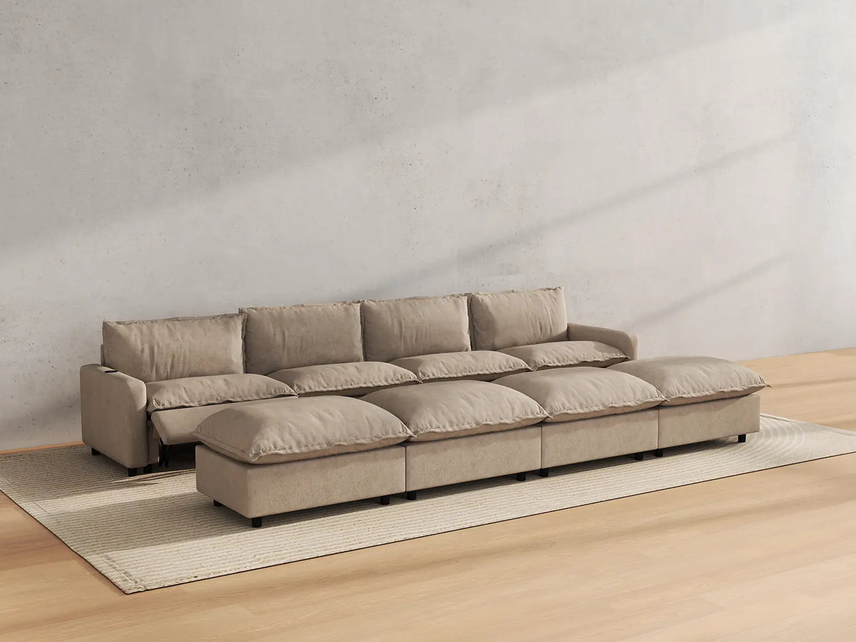 Modular Cero Reclining Sectionals | 8-Piece Khaki Linen Open Plan Pit Sectionals 4-Seater with 4-Ottomans