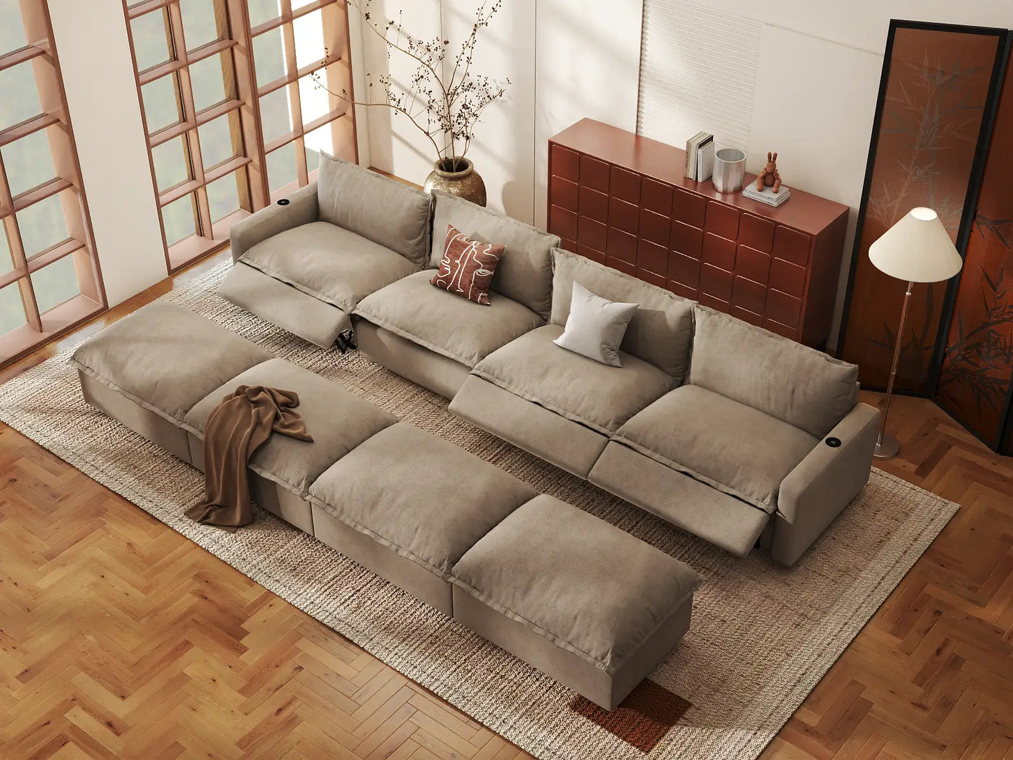 Modular Cero Reclining Sectionals | 8-Piece Khaki Linen Open Plan Pit Sectionals 4-Seater with 4-Ottomans