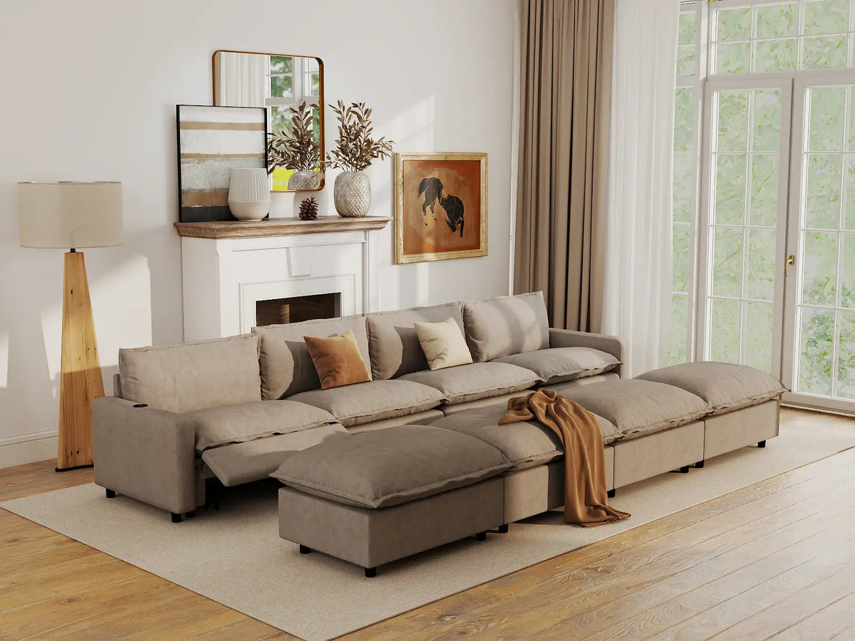 Modular Cero Reclining Sectionals | 8-Piece Khaki Linen Open Plan Pit Sectionals 4-Seater with 4-Ottomans