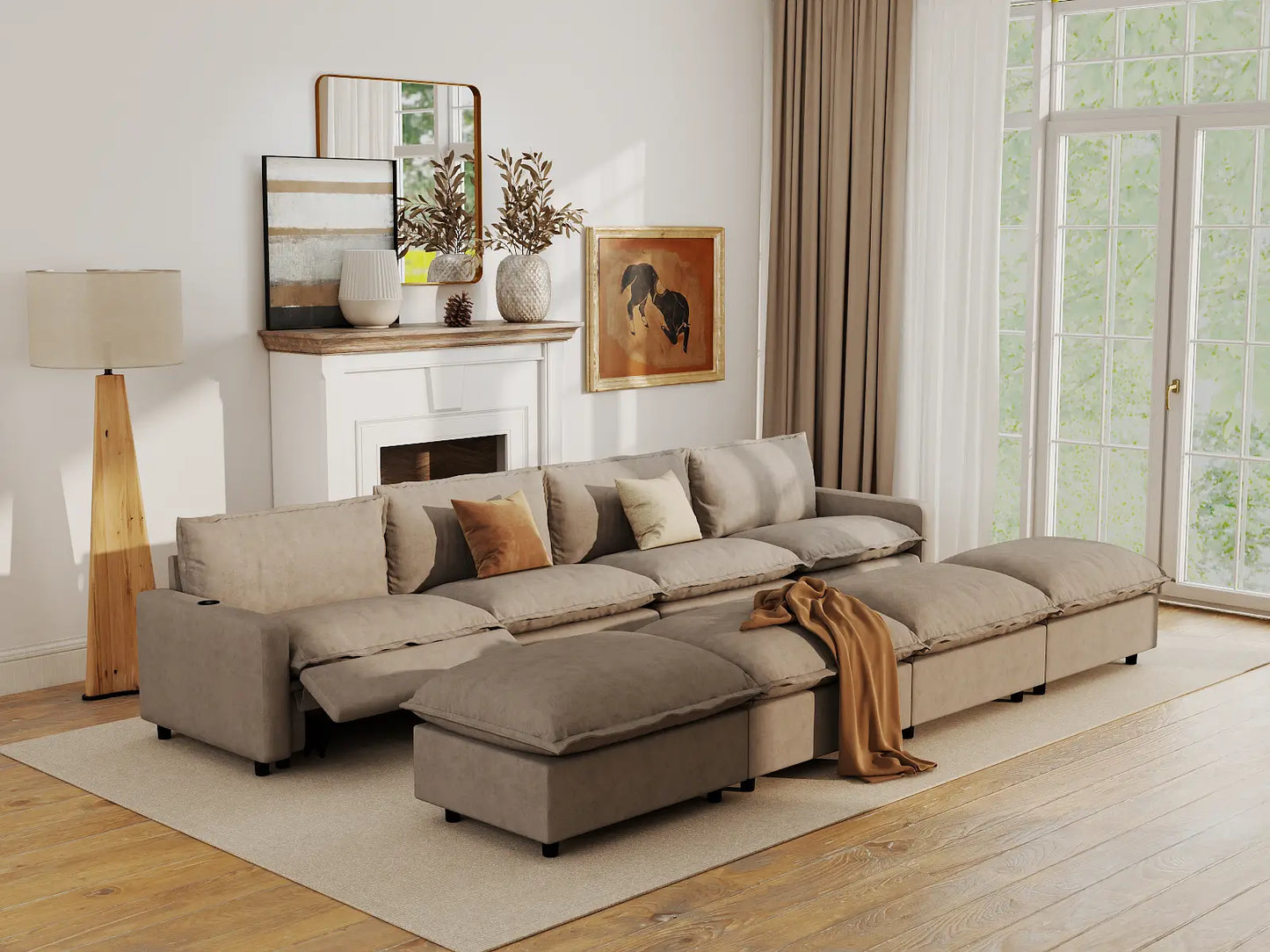 Modular Cero Reclining Sectionals | 8-Piece Khaki Linen Open Plan Pit Sectionals 4-Seater with 4-Ottomans