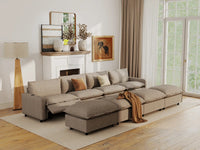 Modular Cero Reclining Sectionals | 8-Piece Khaki Linen Open Plan Pit Sectionals 4-Seater with 4-Ottomans