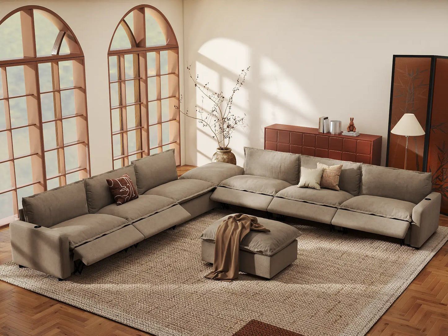 Modular Cero Sofa and Recliner Set Sale | 8-Piece Khaki Linen Open Plan Sofa Sets 6-Seater with 2-Ottomans