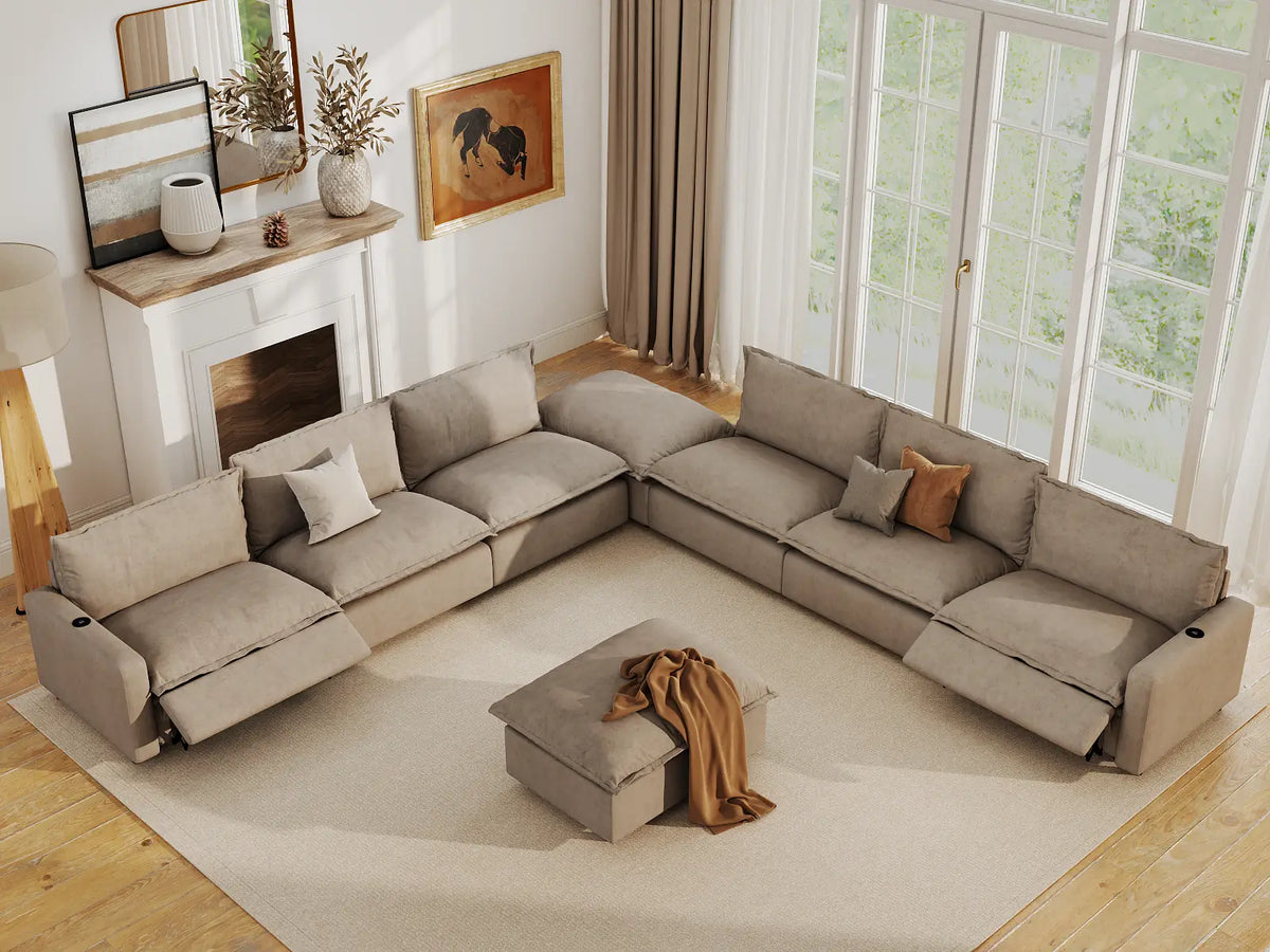 Modular Cero Reclining Sectionals | 8-Piece Khaki Linen Open Plan Sofa Sets 6-Seater with 2-Ottomans