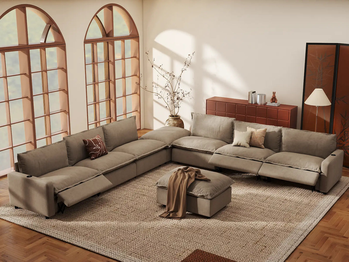 Modular Cero Reclining Sectionals | 8-Piece Khaki Linen Open Plan Sofa Sets 6-Seater with 2-Ottomans