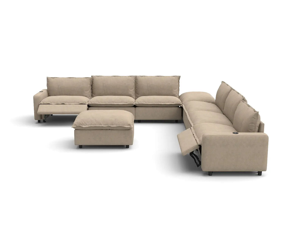 Modular Cero Reclining Sectionals | 8-Piece Khaki Linen Open Plan Sofa Sets 6-Seater with 2-Ottomans